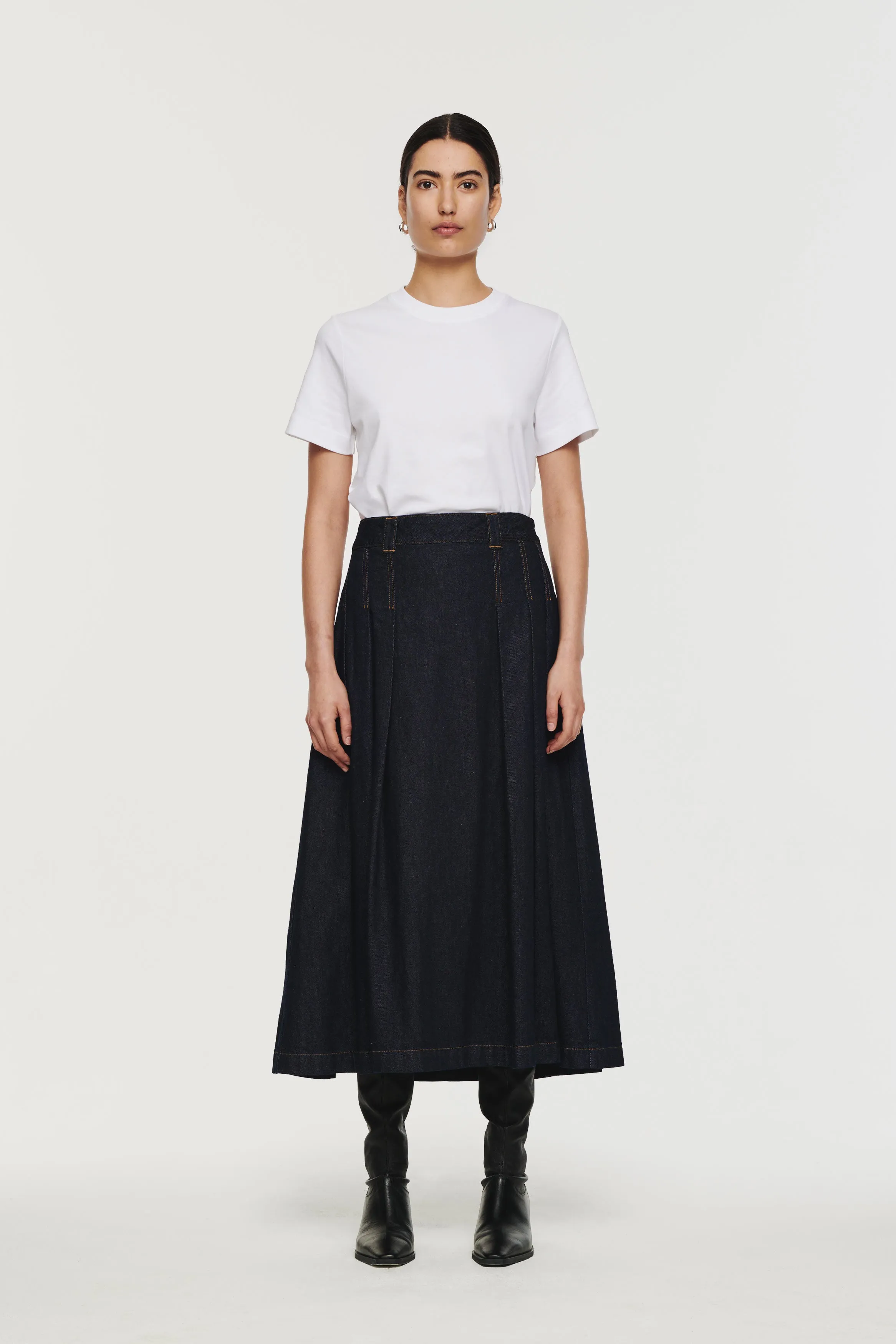 Mary Long Pleated Denim Skirt