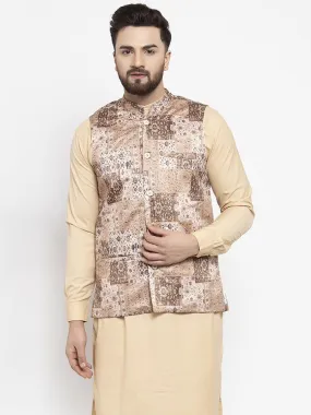 Men's Beige Printed Satin Nehru Jacket ( JOWC 4007 Beige) - Virat Fashions