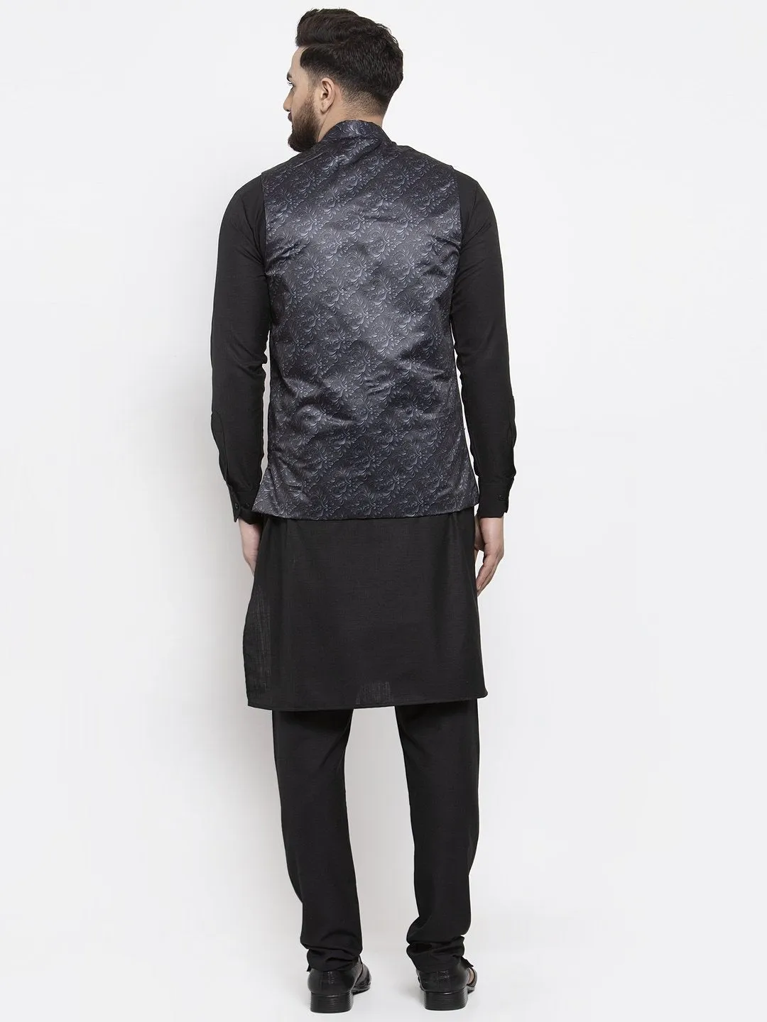 Men's Black Solid Kurta with Churidar & Charcoal Grey Printed Nehru Jacket - Virat Fashions