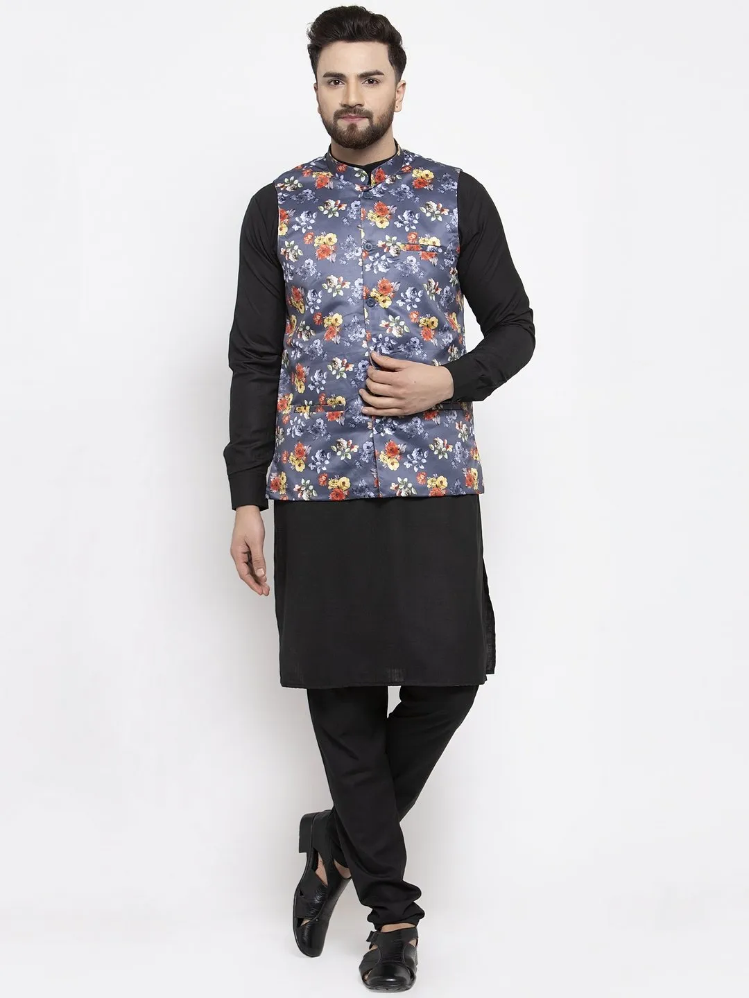 Men's Black Solid Kurta with Churidar & Grey Printed Nehru Jacket - Virat Fashions