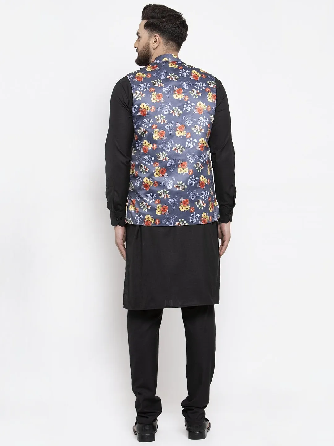 Men's Black Solid Kurta with Churidar & Grey Printed Nehru Jacket - Virat Fashions