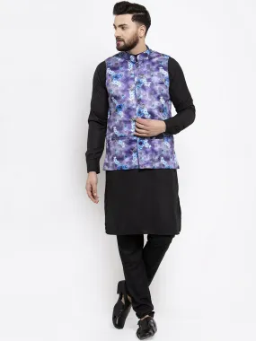 Men's Black Solid Kurta with Churidar & Voilet Printed Nehru Jacket - Virat Fashions