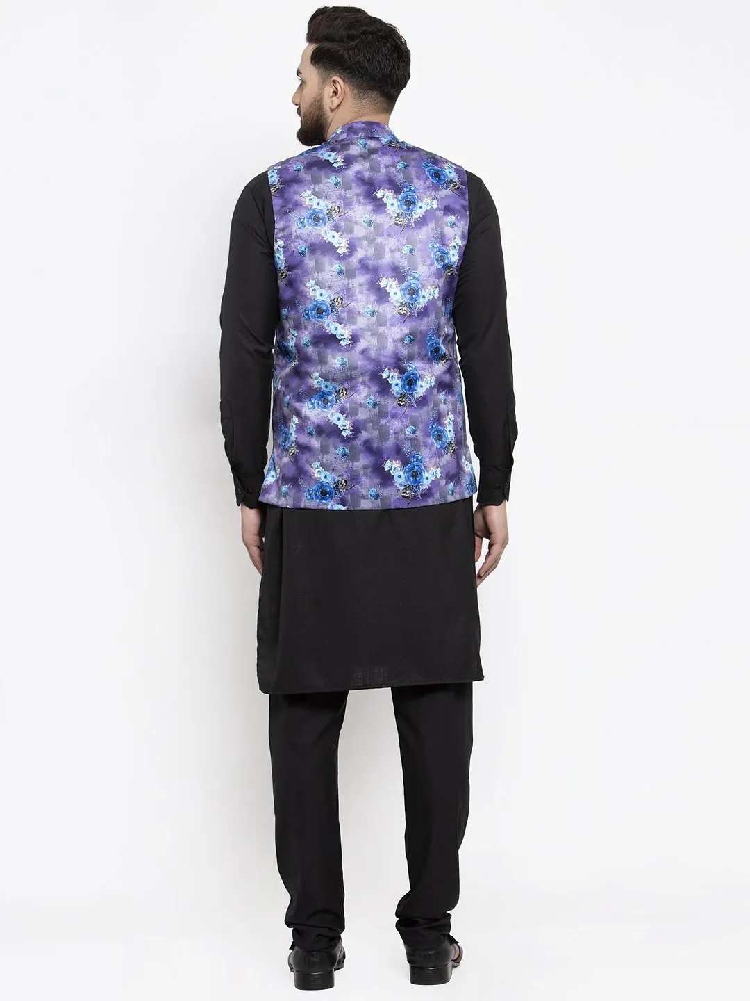 Men's Black Solid Kurta with Churidar & Voilet Printed Nehru Jacket - Virat Fashions