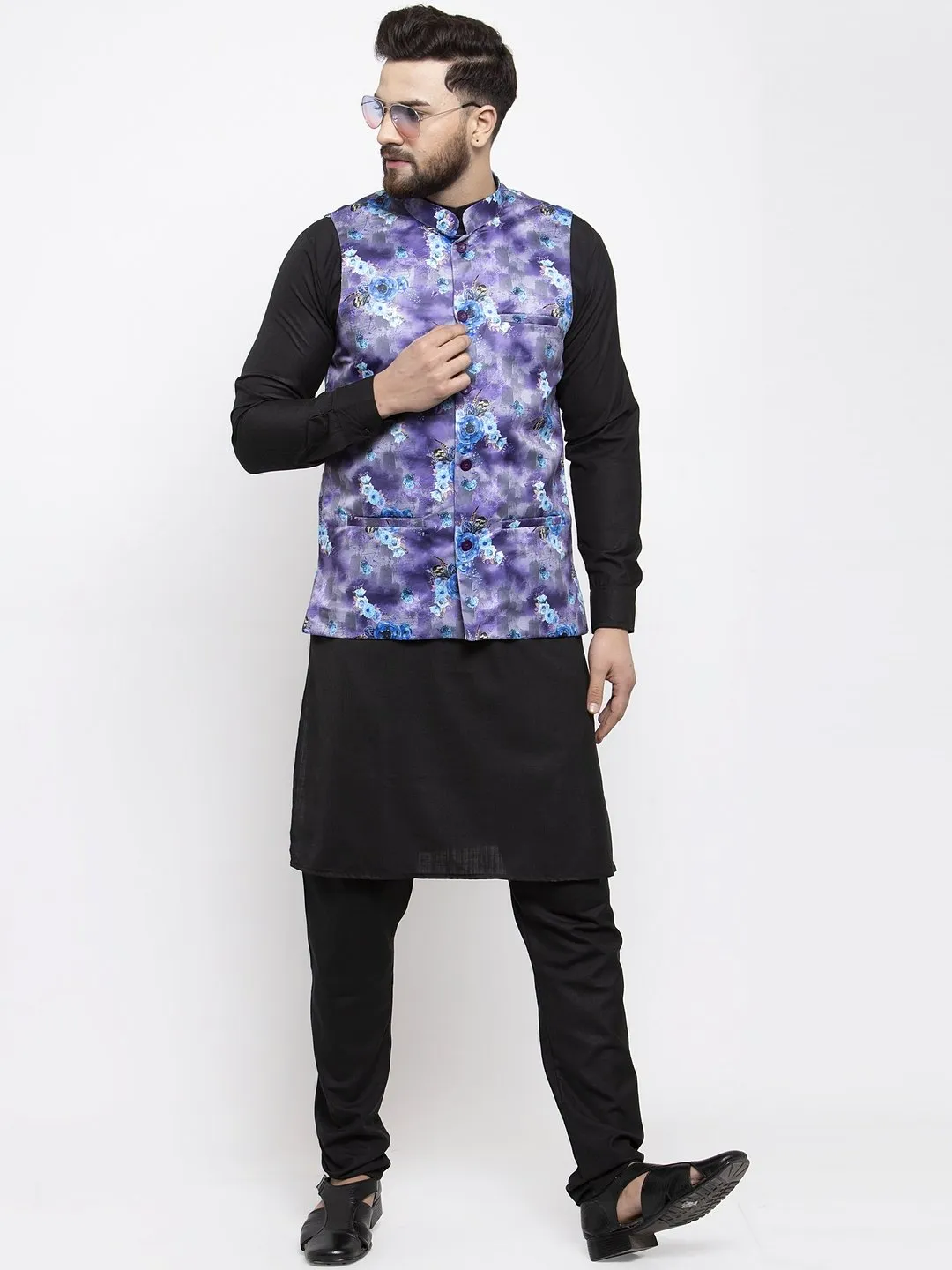 Men's Black Solid Kurta with Churidar & Voilet Printed Nehru Jacket - Virat Fashions