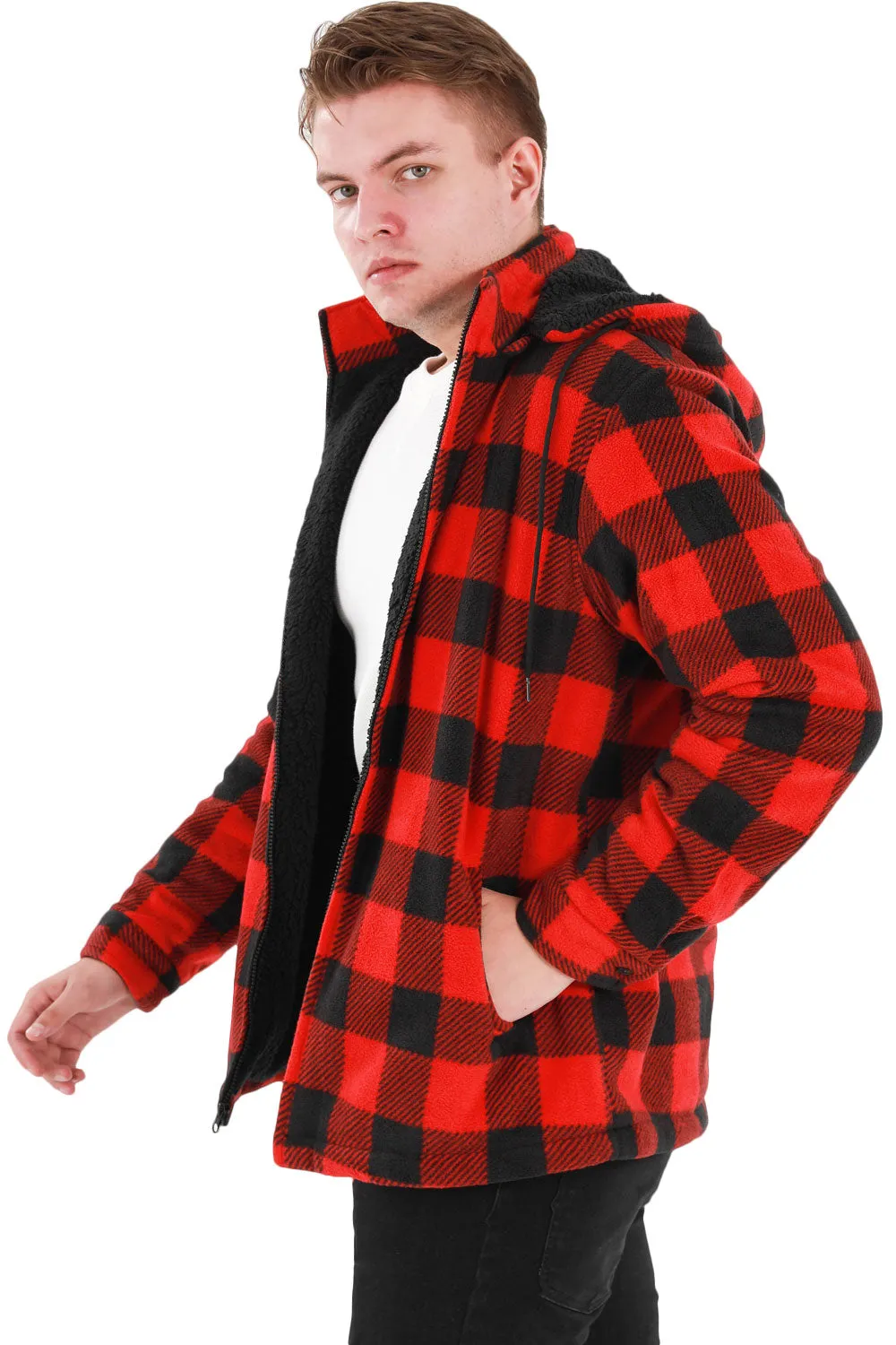 Men's Sherpa Lined Fleece Plaid Shirt Jacket with Removable Hood