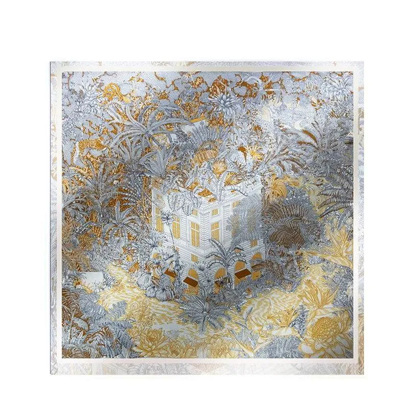 Mulberry Silk 14 Momme Square Scarf Vibrant Floral Gold 88x88 cm