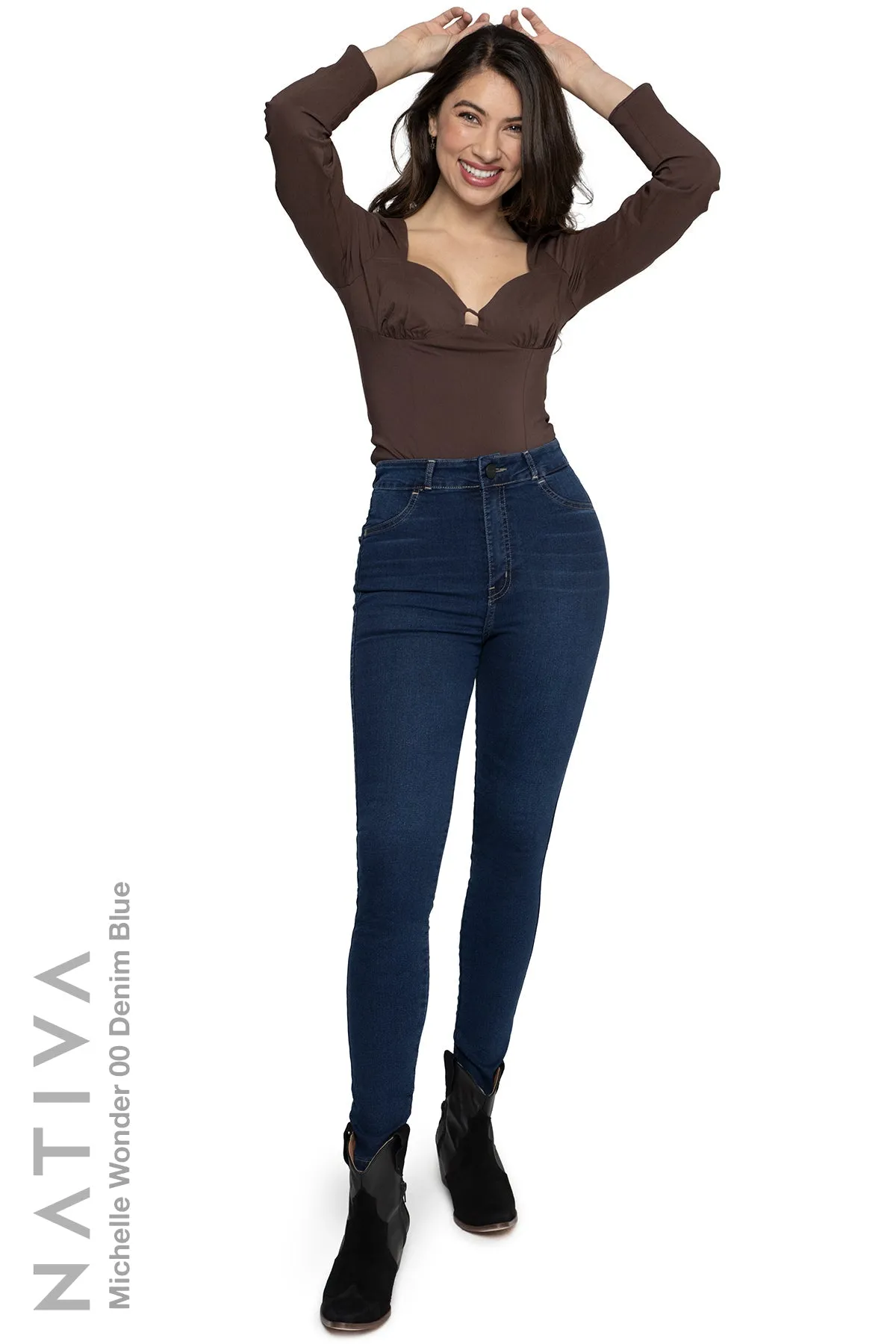 NATIVA, STRETCH JEANS. MICHELLE WONDER 00 DENIM BLUE, High Shaping Capacity & Firming, Casual Everyday Look, Hi-Rise Super Skinny Jeans