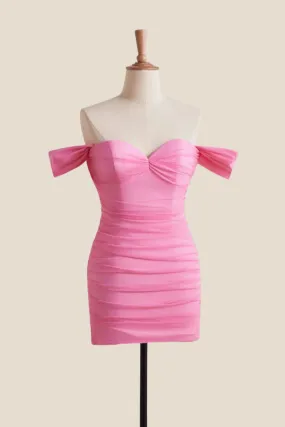 Off the Shoulder Pink Ruched Short Dress