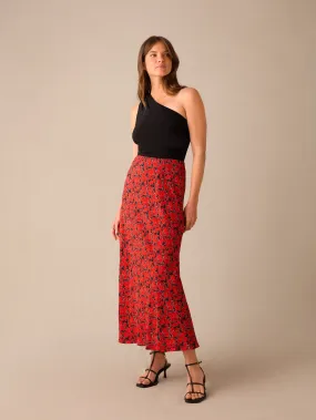 Petite Red Blurred Floral Print Bias Cut Maxi Skirt