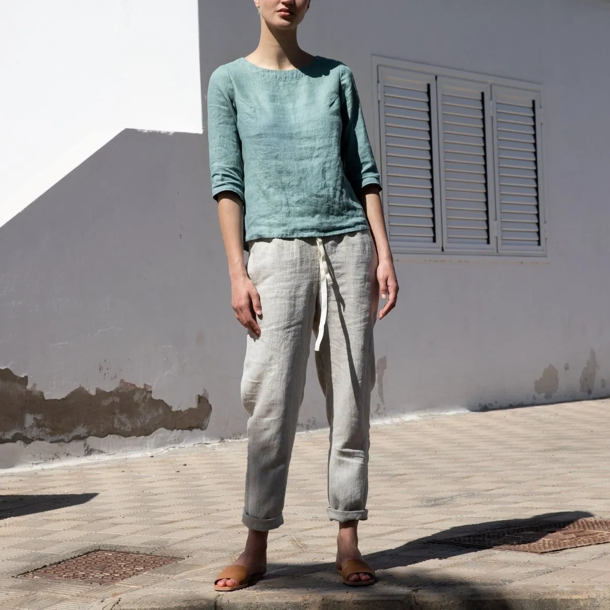 R: ATHENS drawstring linen pants (Size: M/L; Color: Natural/Grey Stripes)