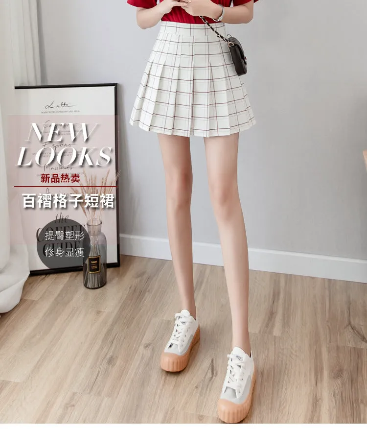 retro kawaii college outfit high-waisted grid print plaid pleated skirt for girls