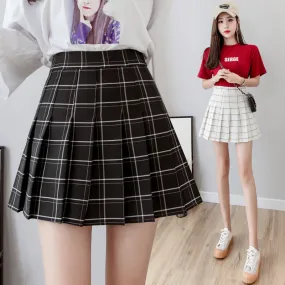 retro kawaii college outfit high-waisted grid print plaid pleated skirt for girls