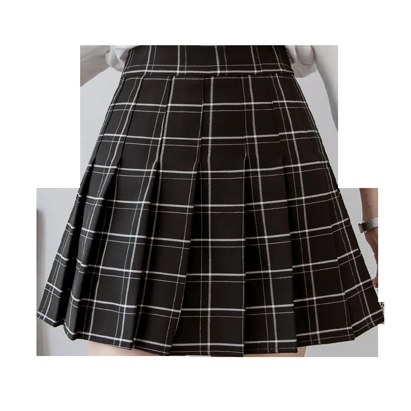 retro kawaii college outfit high-waisted grid print plaid pleated skirt for girls