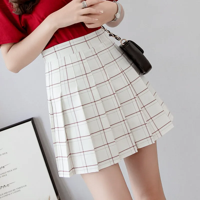 retro kawaii college outfit high-waisted grid print plaid pleated skirt for girls