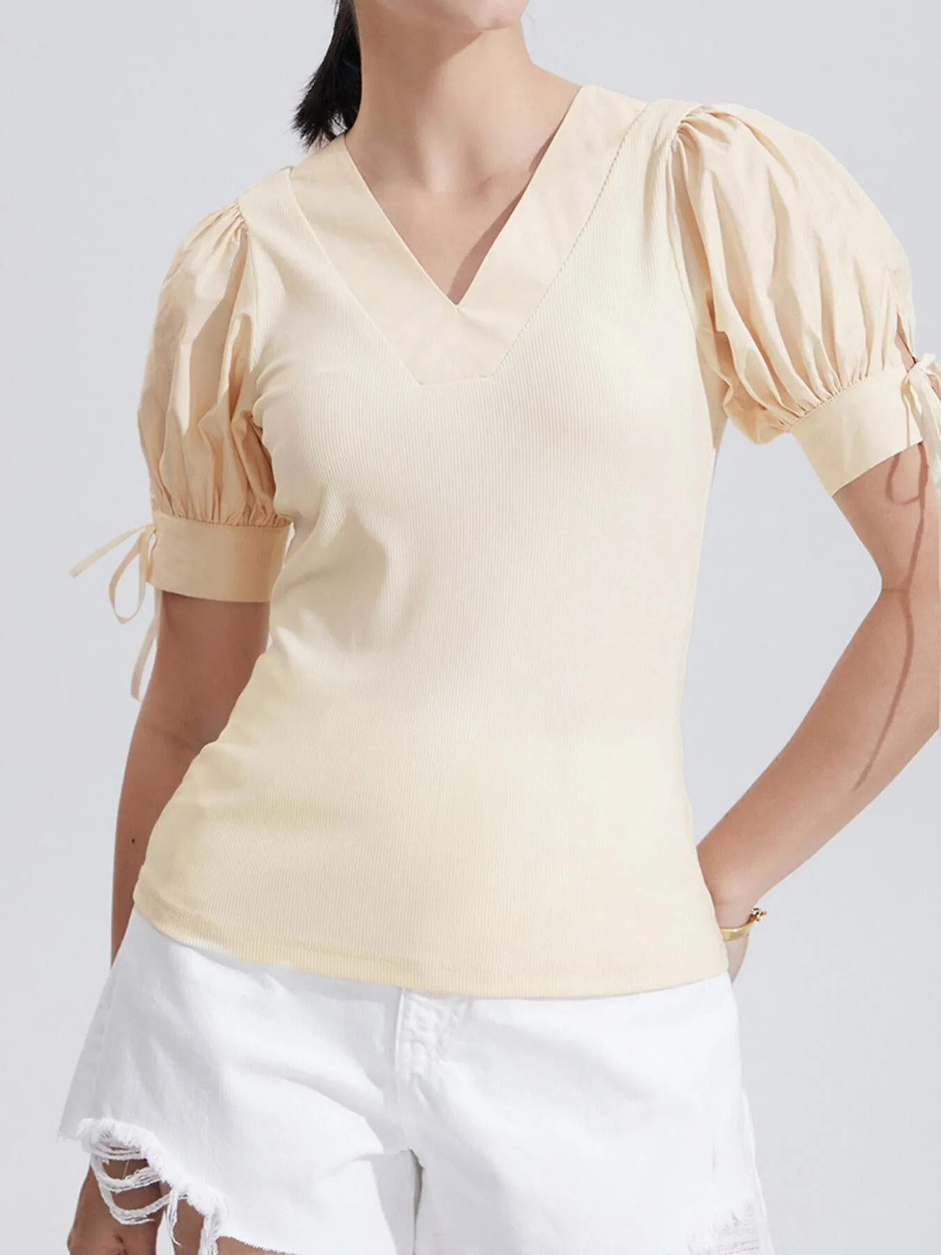 Ruched Tie Sleeve Puff Sleeve Top