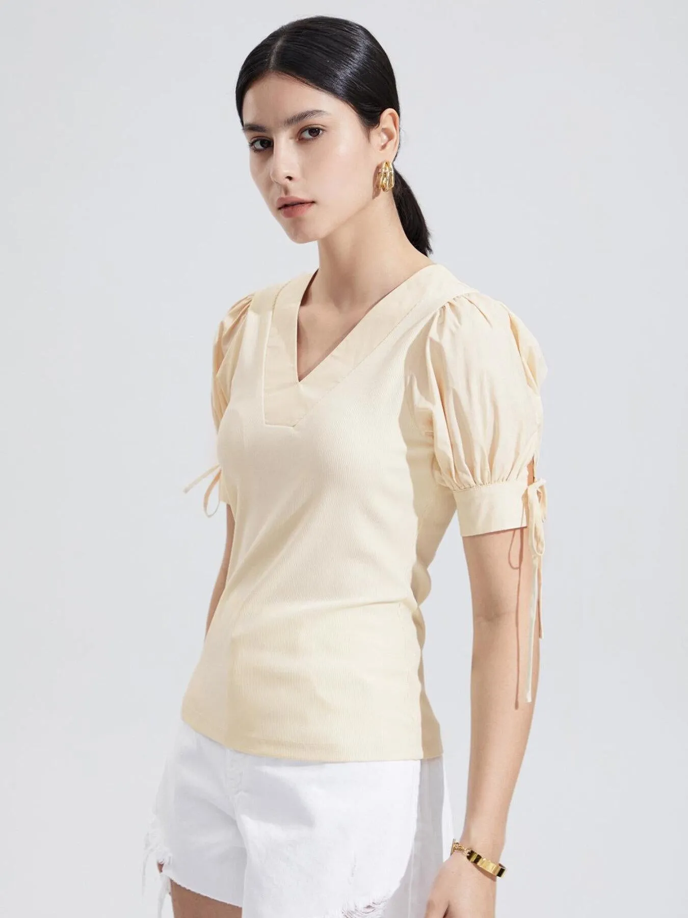 Ruched Tie Sleeve Puff Sleeve Top