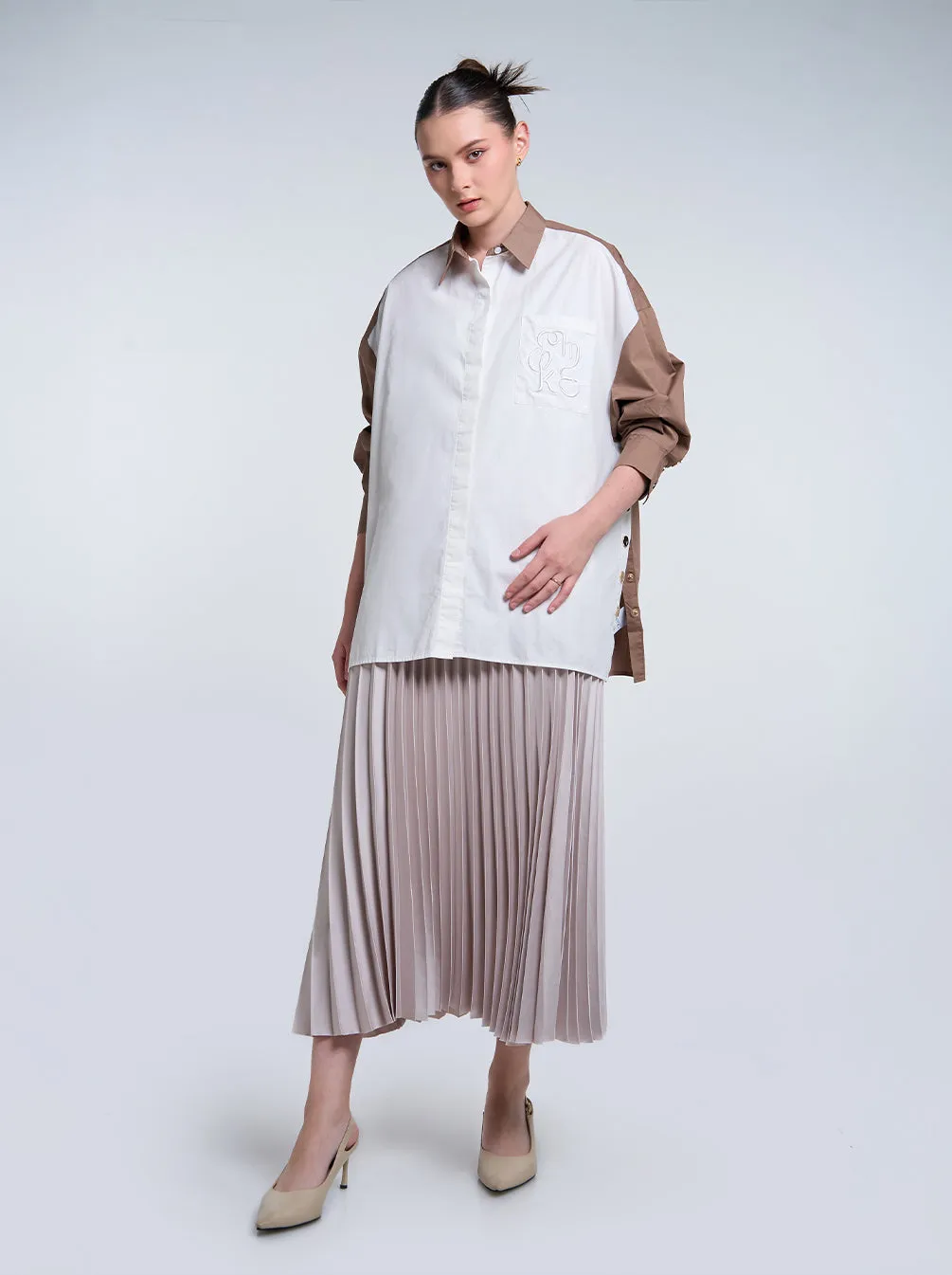 SATIN PLEATED SKIRT PLAIN DUSTY IVORY