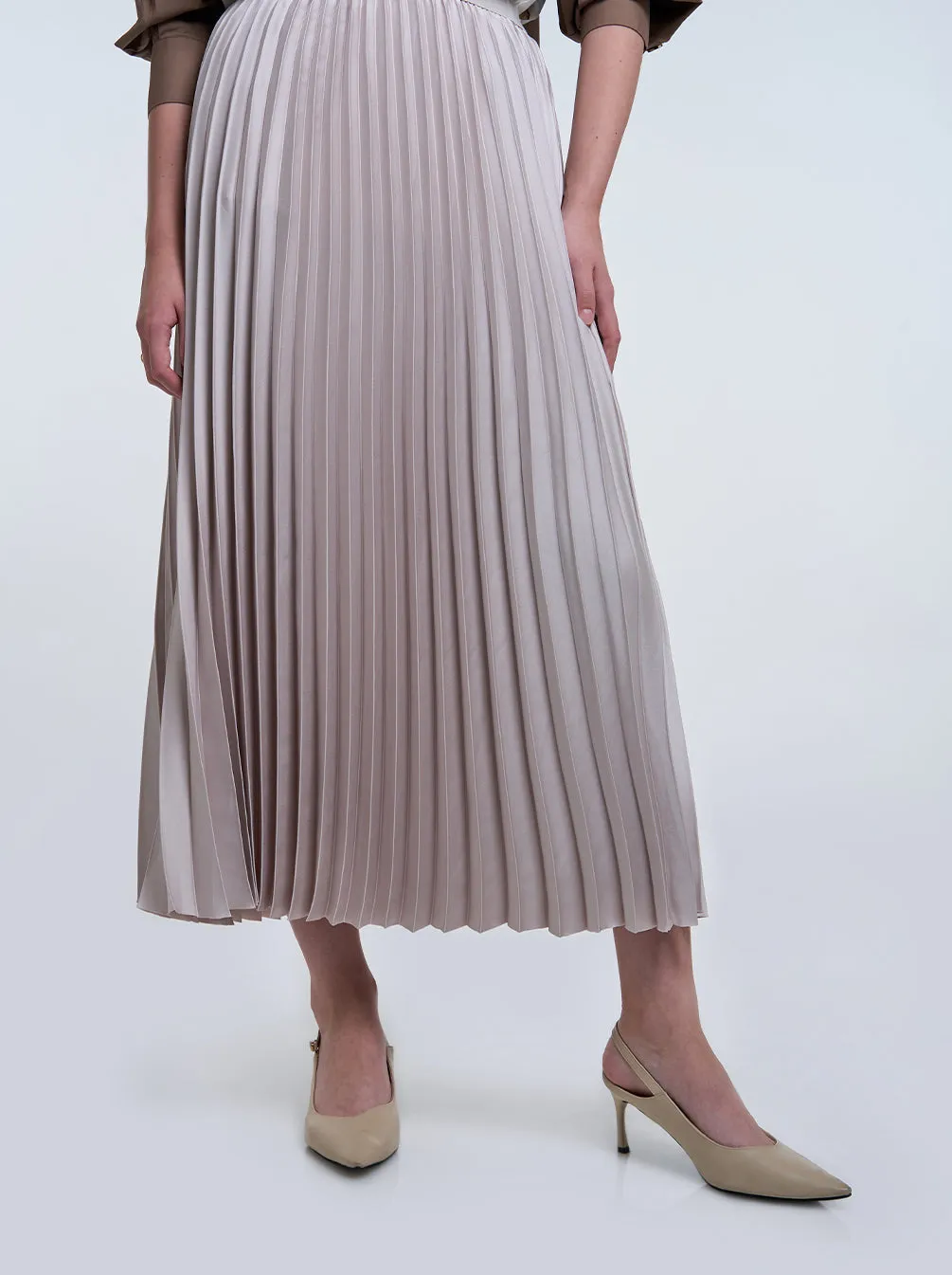 SATIN PLEATED SKIRT PLAIN DUSTY IVORY