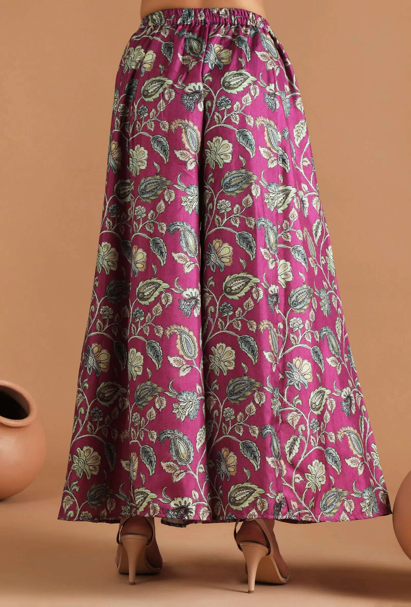 Set Of 2: Mahira Allover Kalamkari Long Jacket Style Kurta & Allover Kalamkari Pallazo Pants