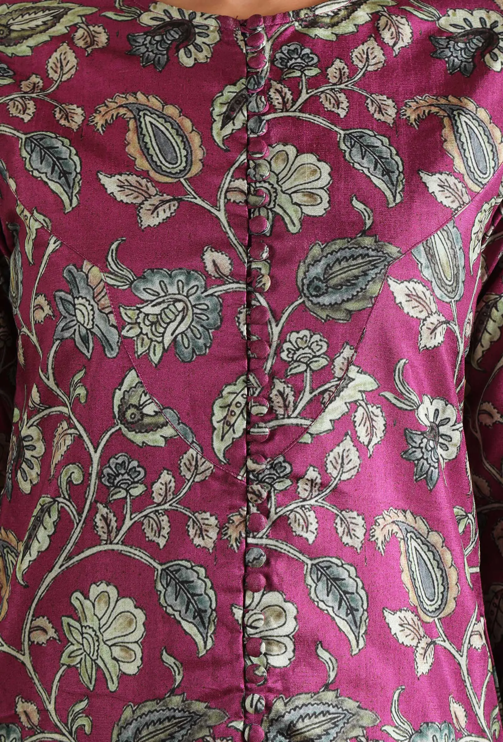 Set Of 2: Mahira Allover Kalamkari Long Jacket Style Kurta & Allover Kalamkari Pallazo Pants