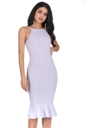 Silver Bodycon Midi Dress With Frill Hem