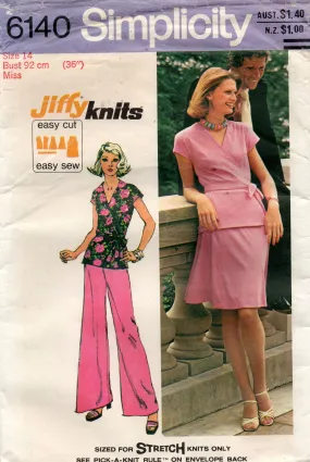 Simplicity 6140 Womens JIFFY Stretch Wrap Kimono Top Skirt & Wide Leg Flared Pants 1970s Vintage Sewing Pattern Size 14 Bust 36 inches