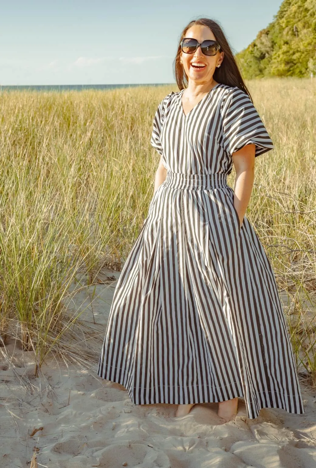 Smocked Waist Maxi Skirt - Black and White Stripe