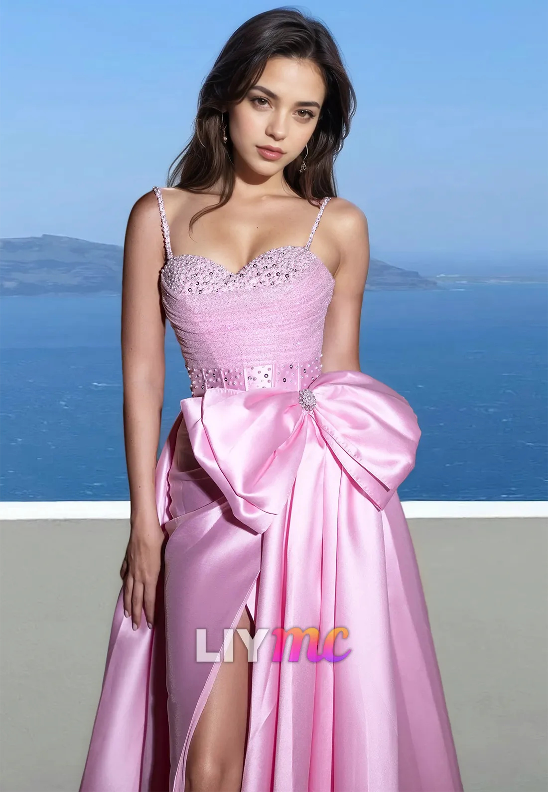 Sweetheart Spaghetti Straps Beaded Pleated Bowknot A-Line Prom Dress