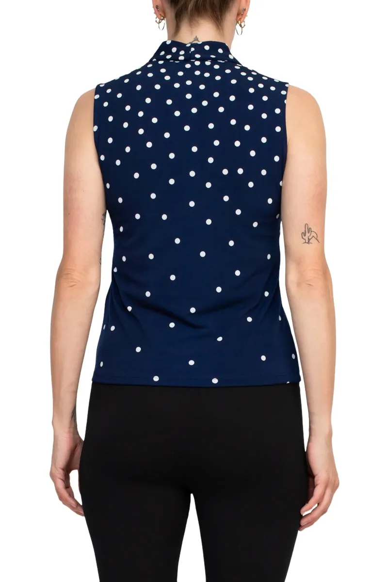 T Tahari Polka Dot Collared Neck Sleeveless Top