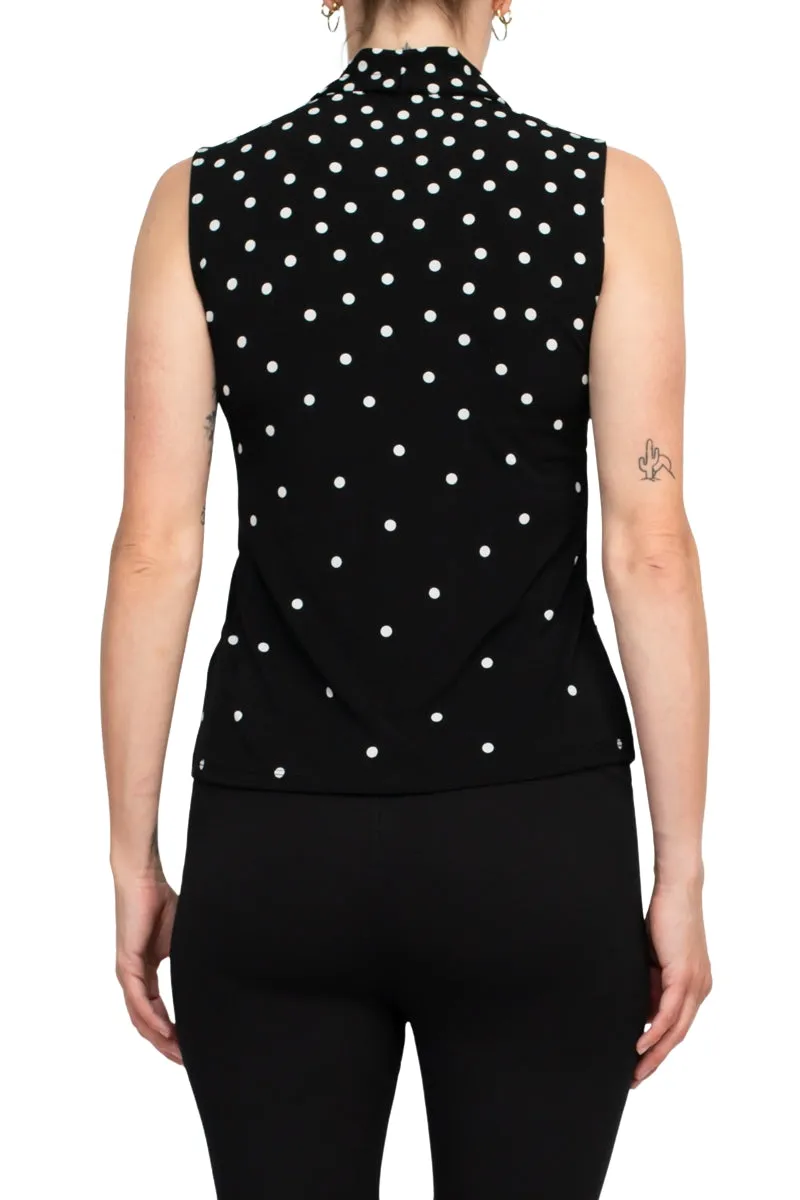 T Tahari Polka Dot Collared Neck Sleeveless Top