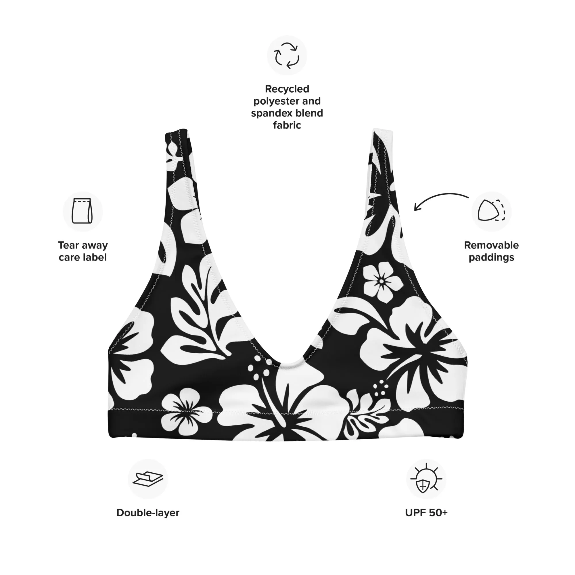 White Hawaiian Hibiscus Flowers on Black Halter Bikini Top