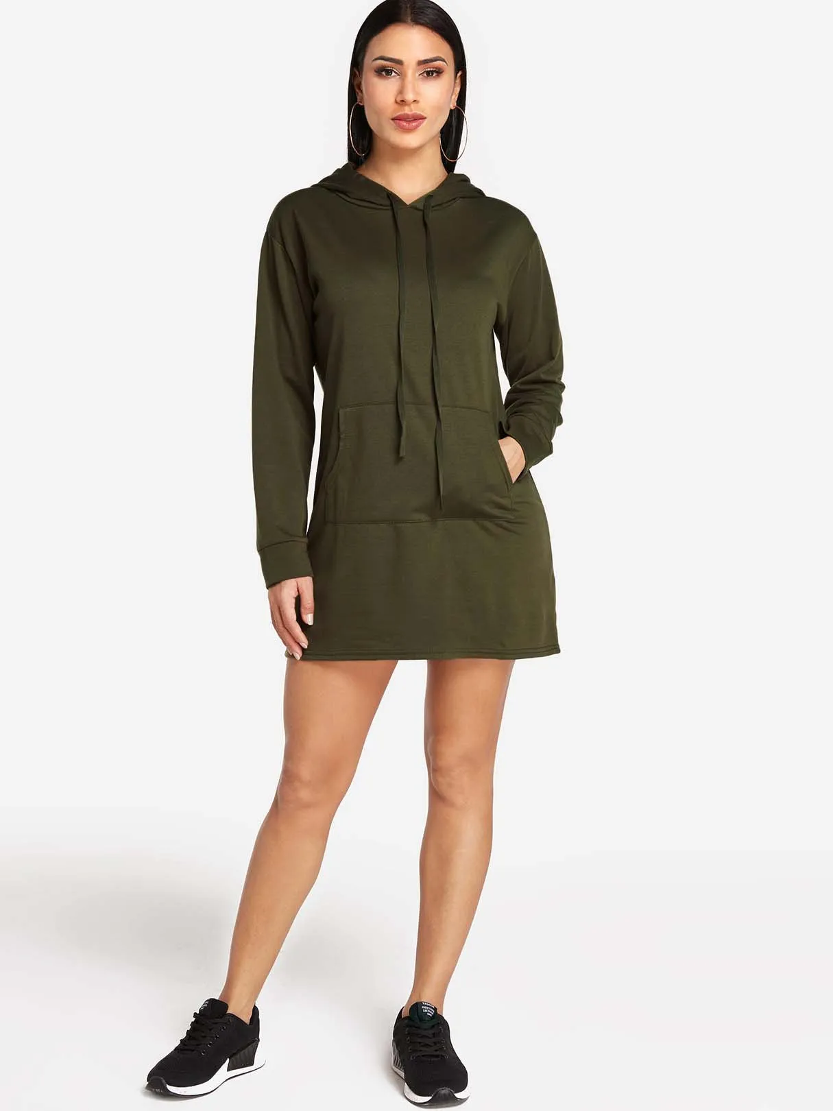 Wholesale Army Green Pullover Long Sleeve Plain Side Pockets Hooded Shirt Dress