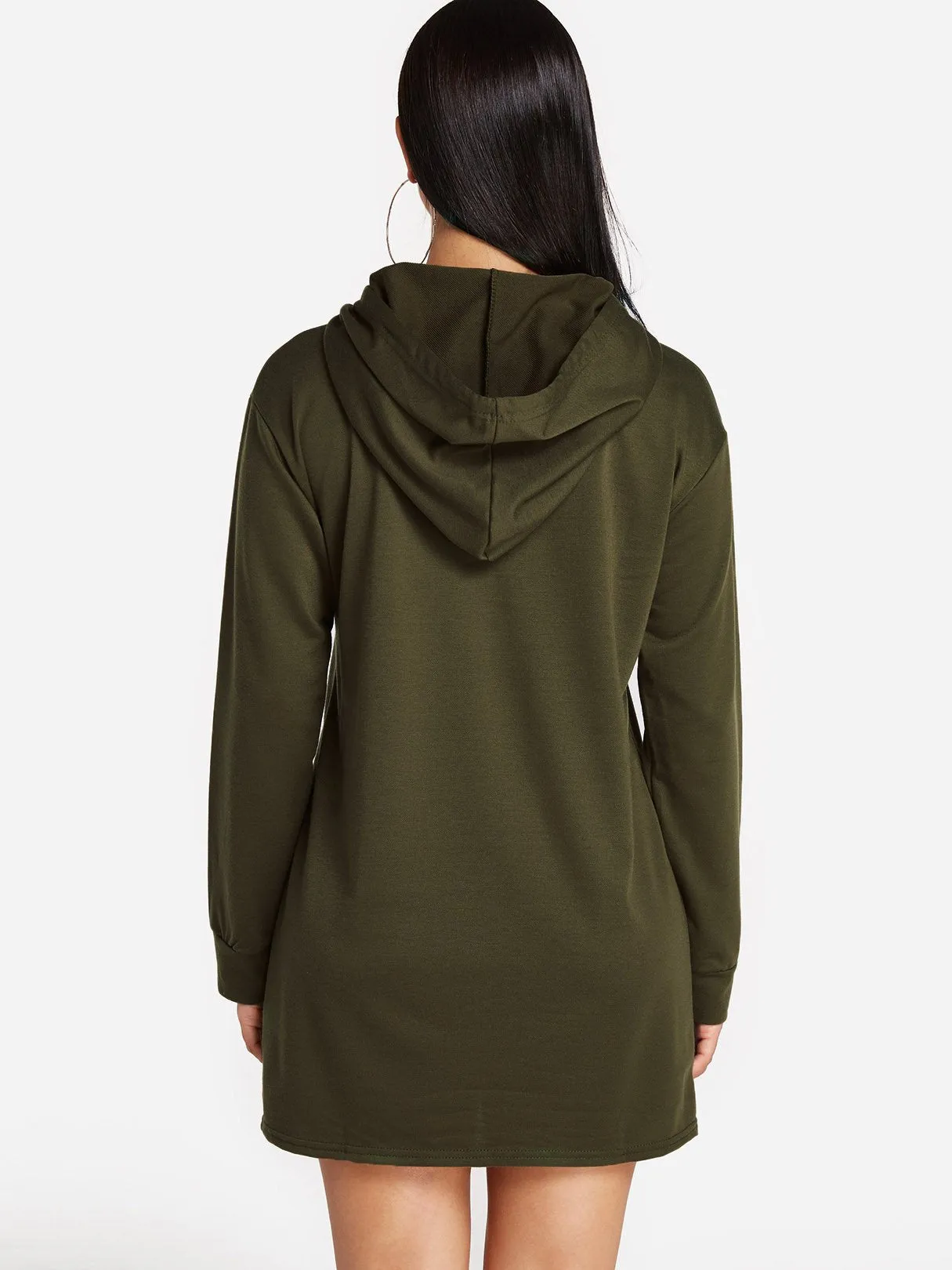 Wholesale Army Green Pullover Long Sleeve Plain Side Pockets Hooded Shirt Dress