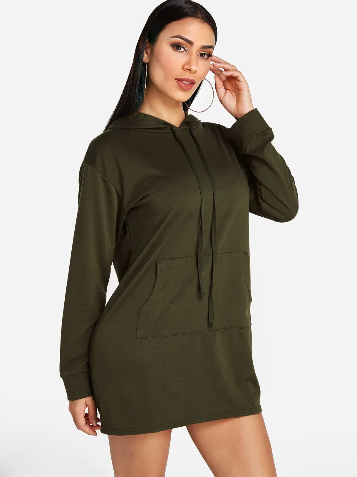 Wholesale Army Green Pullover Long Sleeve Plain Side Pockets Hooded Shirt Dress