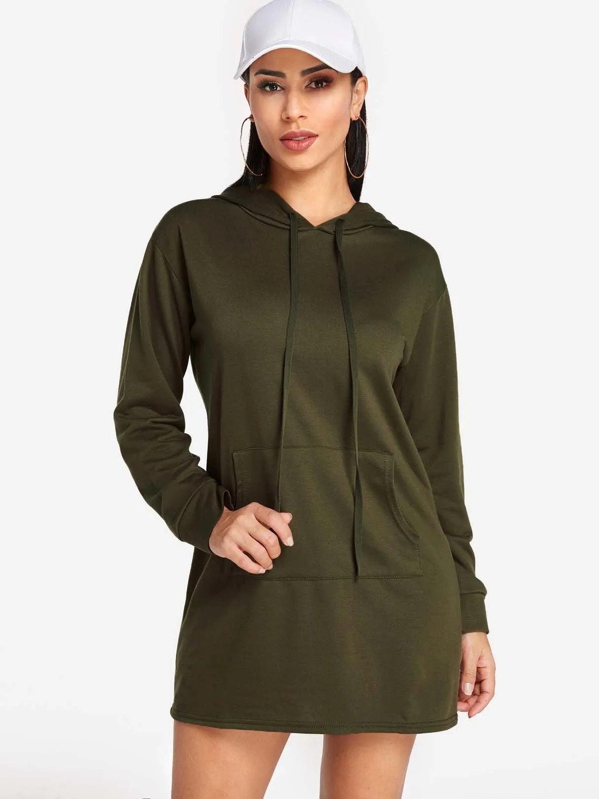 Wholesale Army Green Pullover Long Sleeve Plain Side Pockets Hooded Shirt Dress