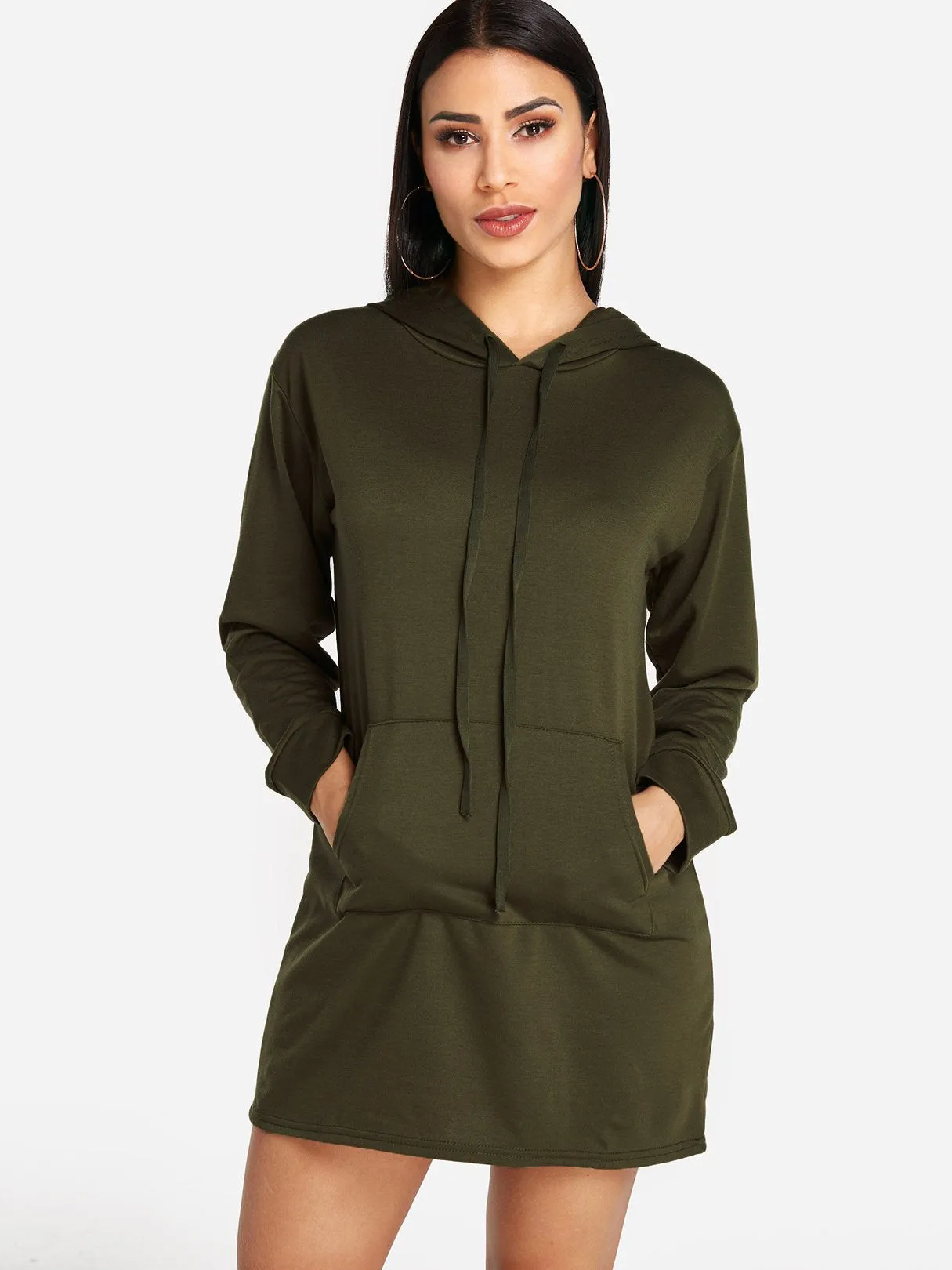 Wholesale Army Green Pullover Long Sleeve Plain Side Pockets Hooded Shirt Dress