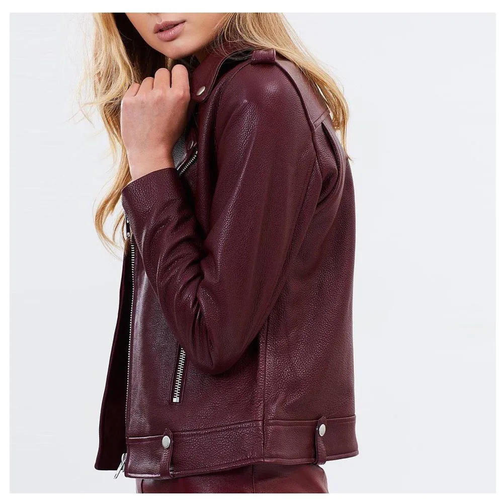 WOMENS BURGUNDY LEATHER BIKER JACKET MOTORCYCLE LAMBSKIN JACKET