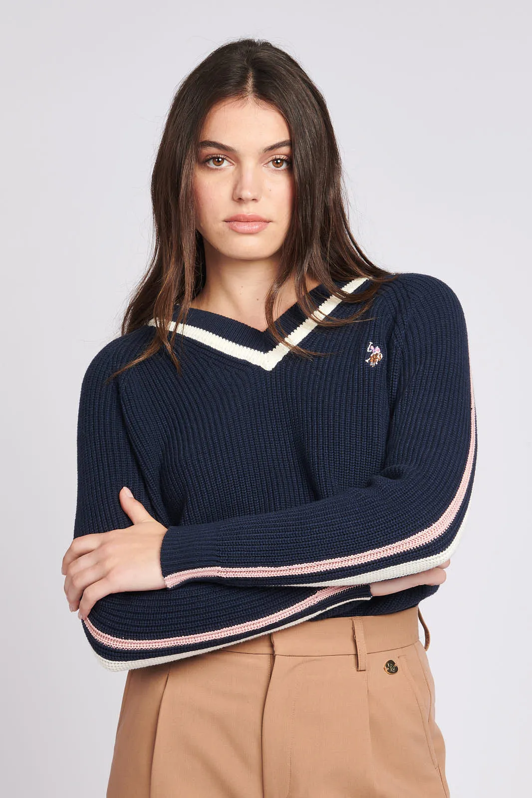 Womens Knitted Cricket Jumper in Navy Blue