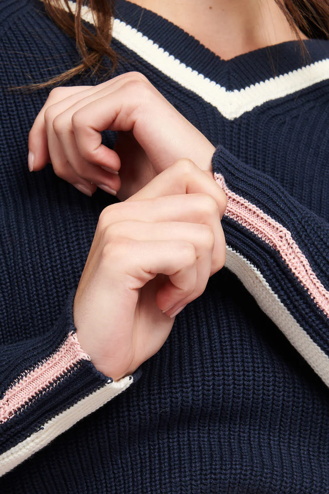 Womens Knitted Cricket Jumper in Navy Blue