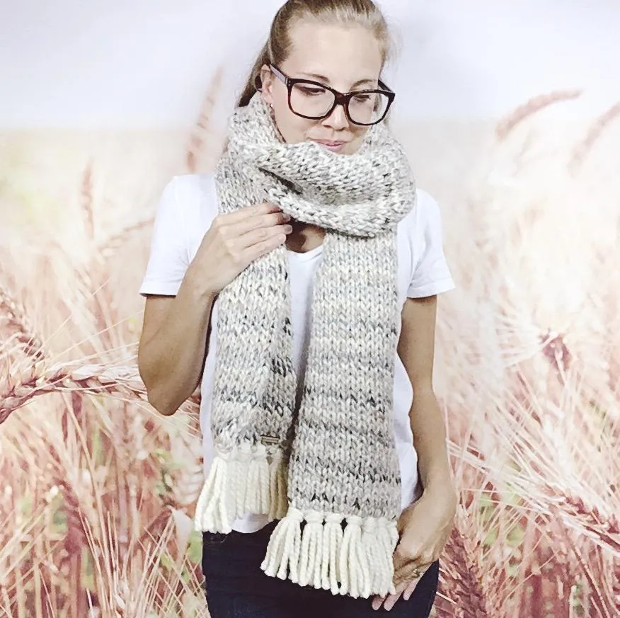 Womens Long Chunky Knit Winter Fringe Scarf in Sandstone and Cream