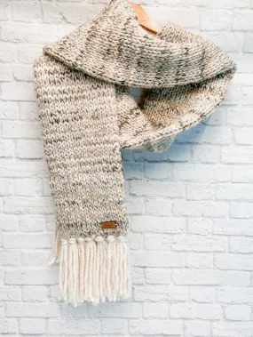 Womens Long Chunky Knit Winter Fringe Scarf in Sandstone and Cream