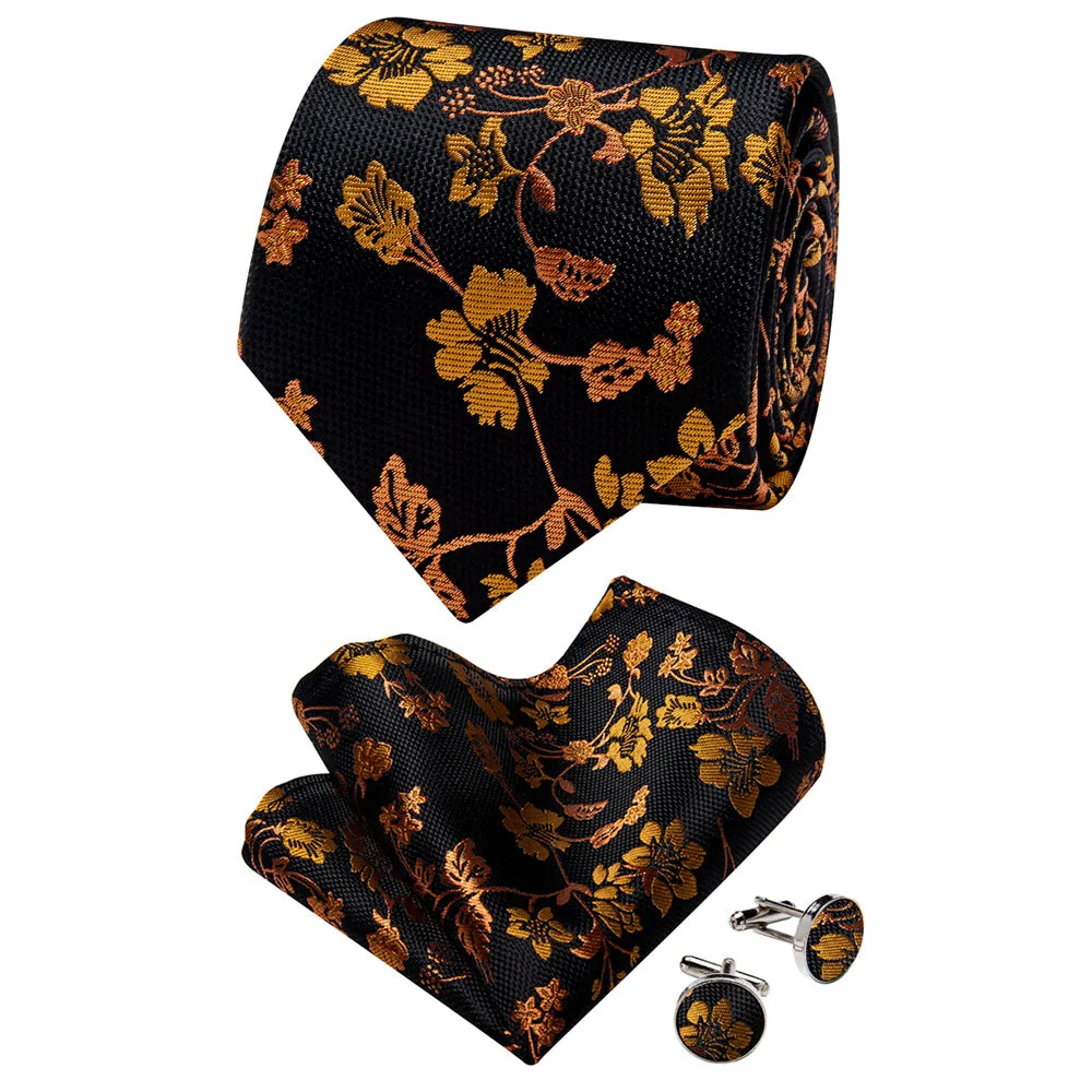 YourTies Black Solid Long Sleeve Shirt with Black Gold Floral Silk Tie for Men