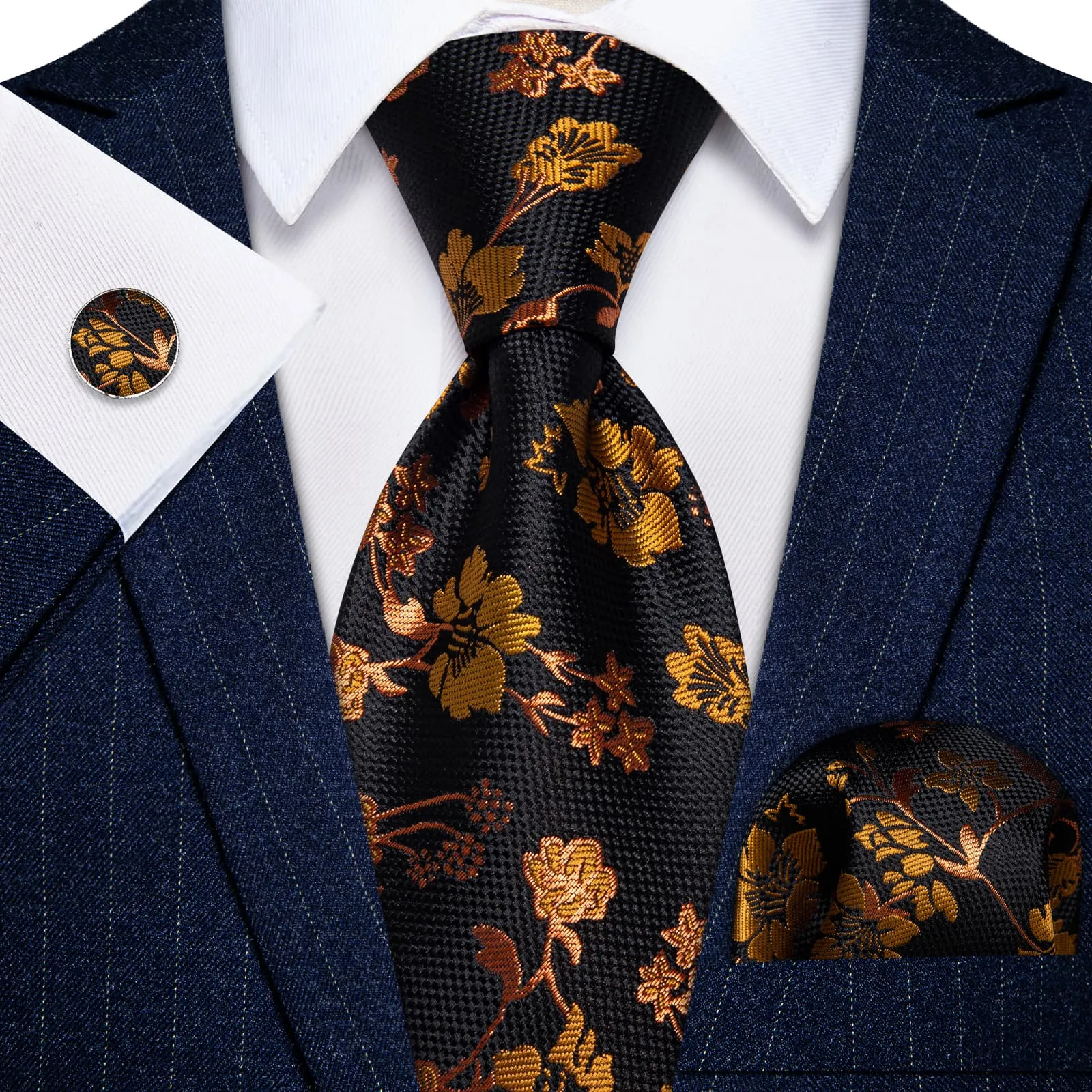 YourTies Black Solid Long Sleeve Shirt with Black Gold Floral Silk Tie for Men